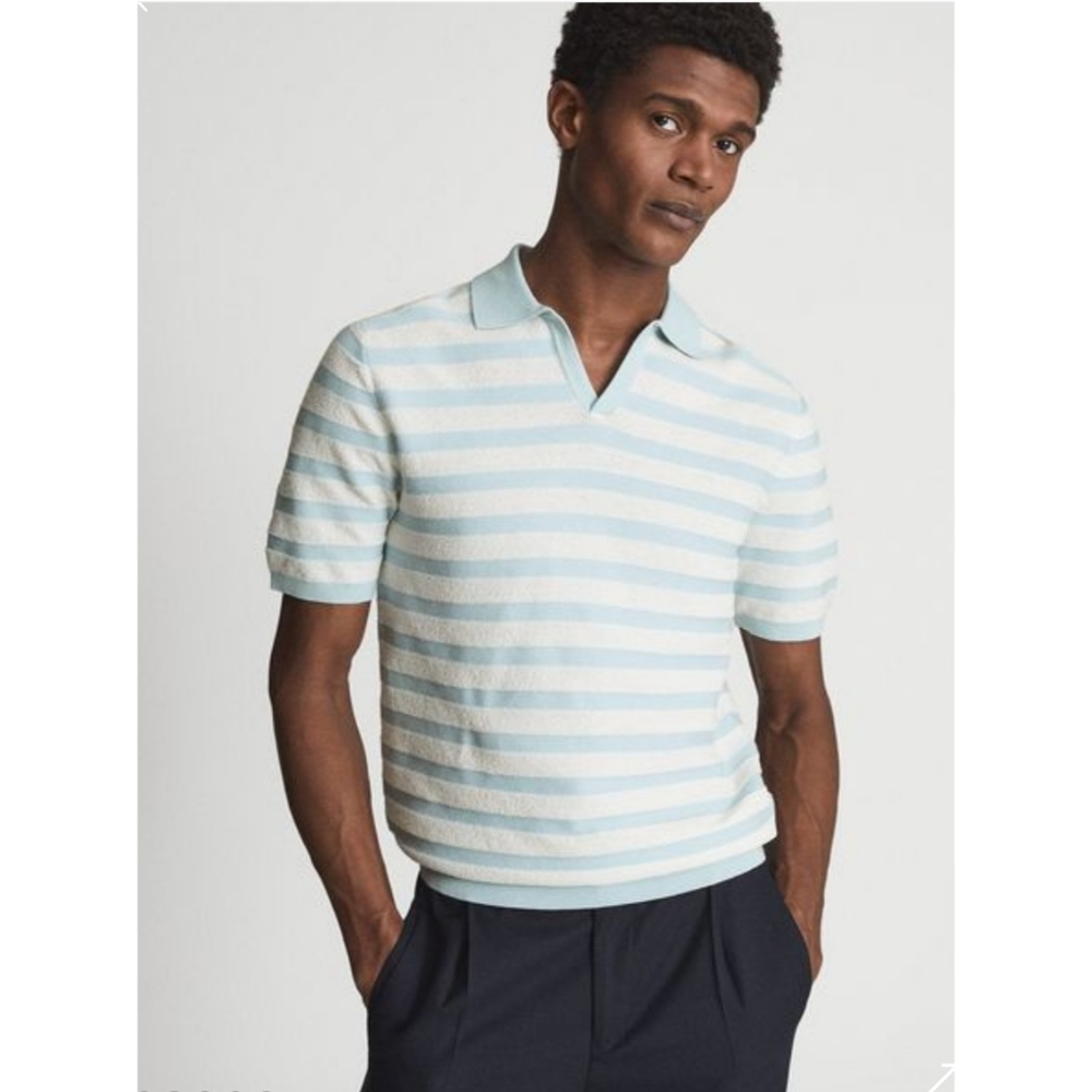 Reiss Light Blue and White Striped Polo Shirt
